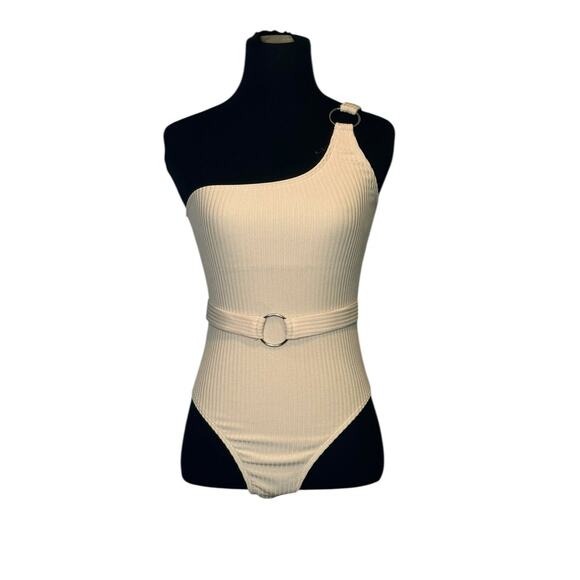 Beige ribbed one shoulder front belted one piece swimsuit size Small - Picture 1 of 14